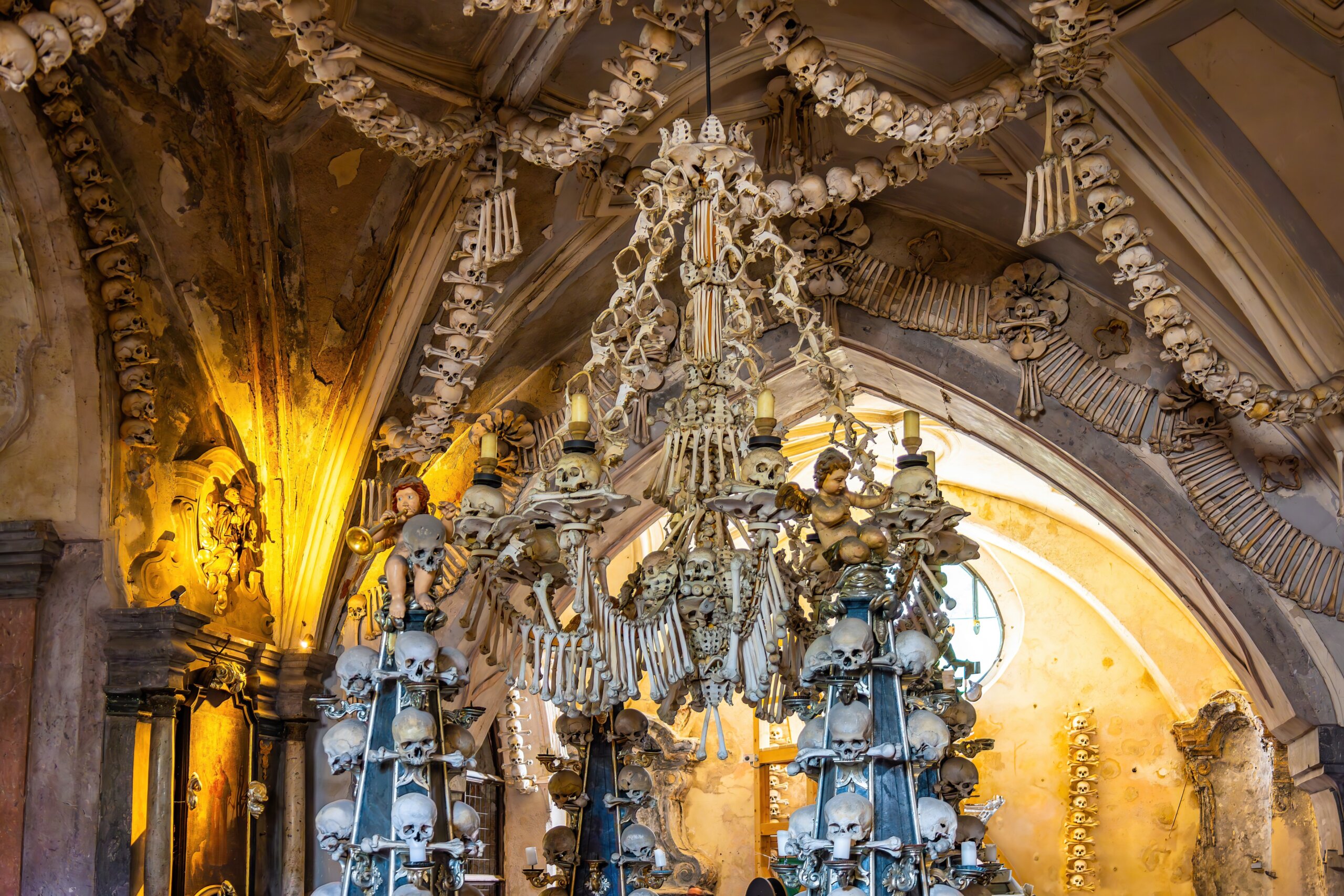Sedlec Ossuary, a small Catholic chapel under the church of All Saints Cemetery that contains the skeletons of between 40,000 and 70,000 people