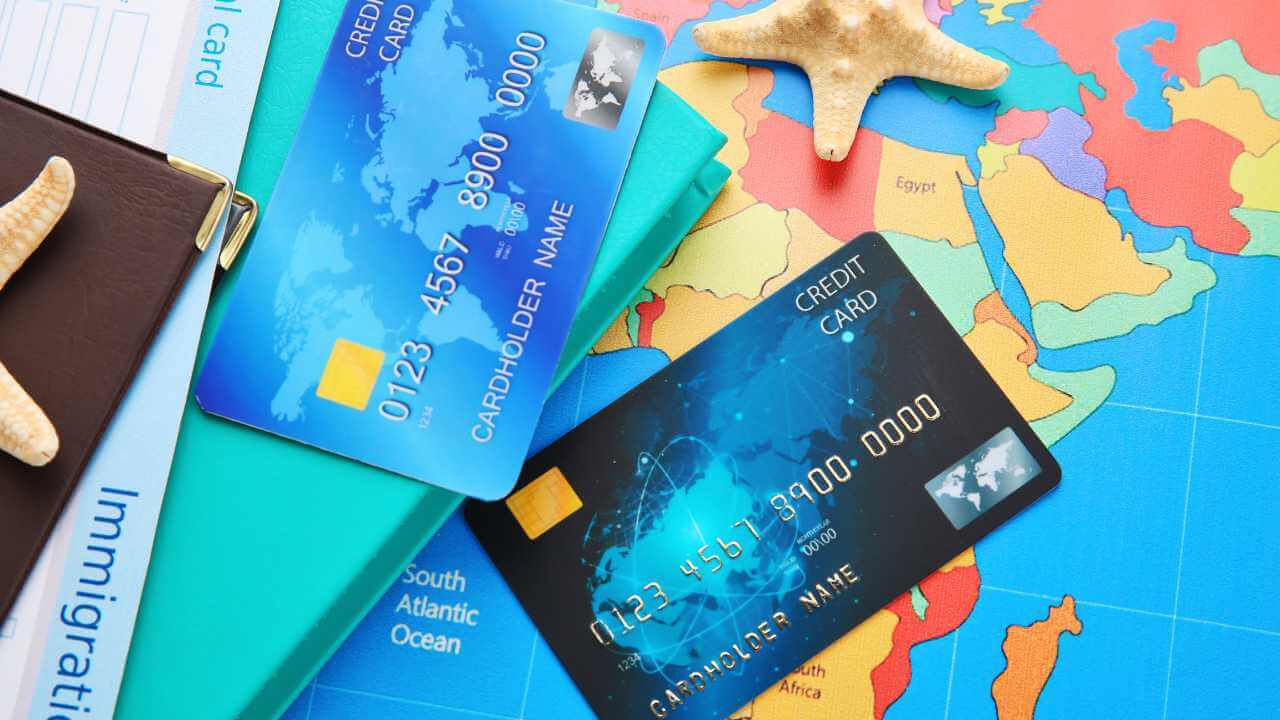 credit cards on a world map