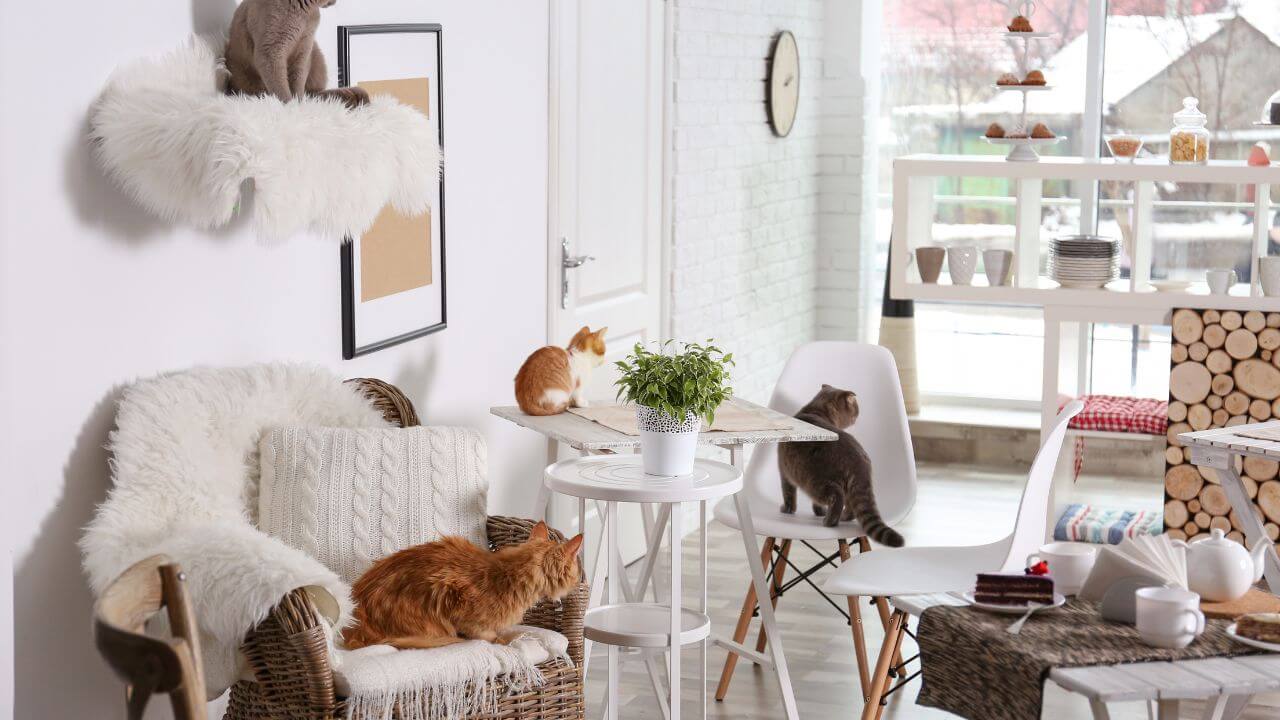 a living room with wicker chairs and a cat on a shelf