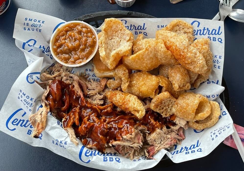 pork rinds, beans and bbq meat