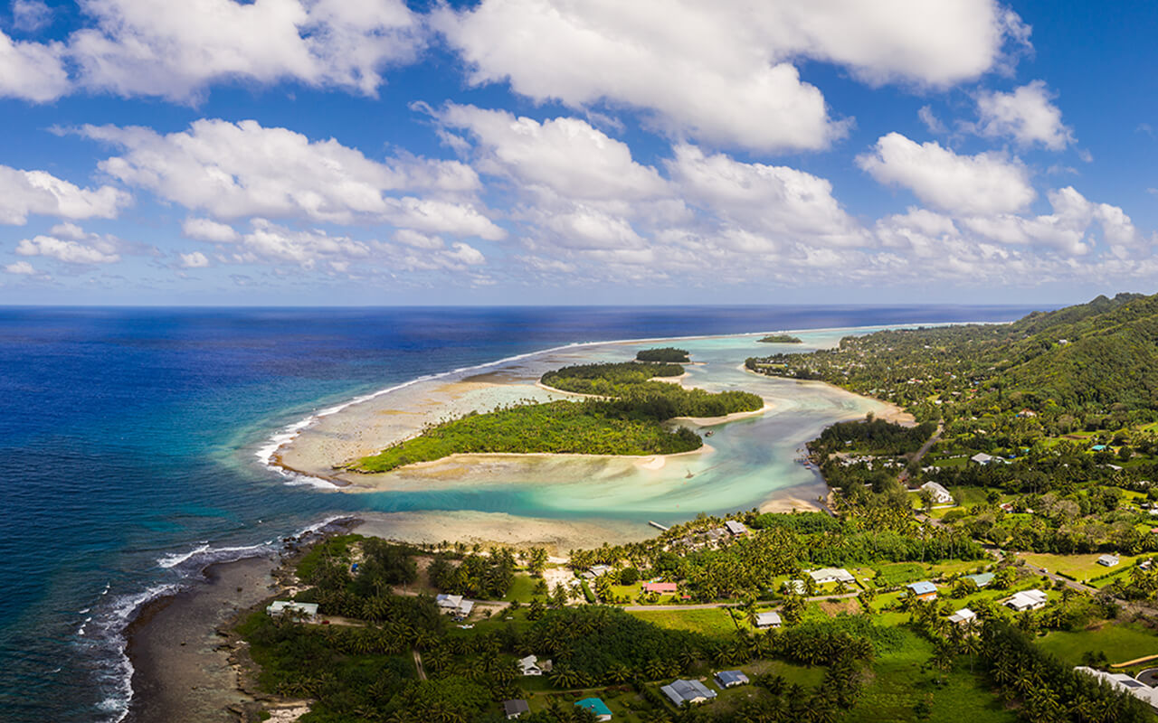 Aerial view of the Muri lagoon and beach in Rarotonga in the Cook islands in the south Pacific ocean