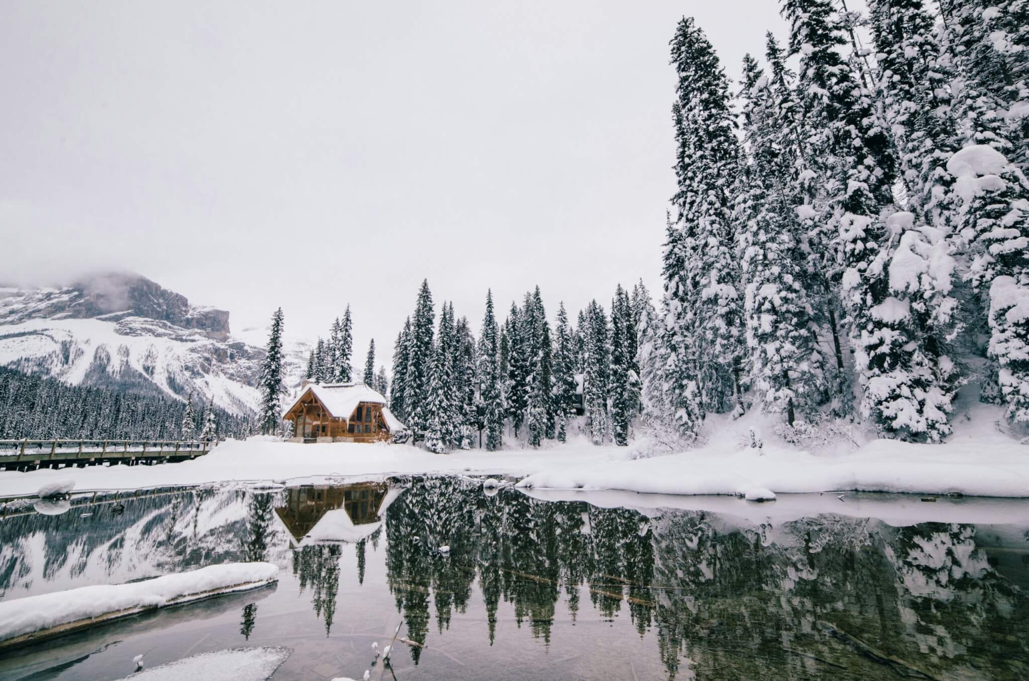 a snowy cabin in the woods