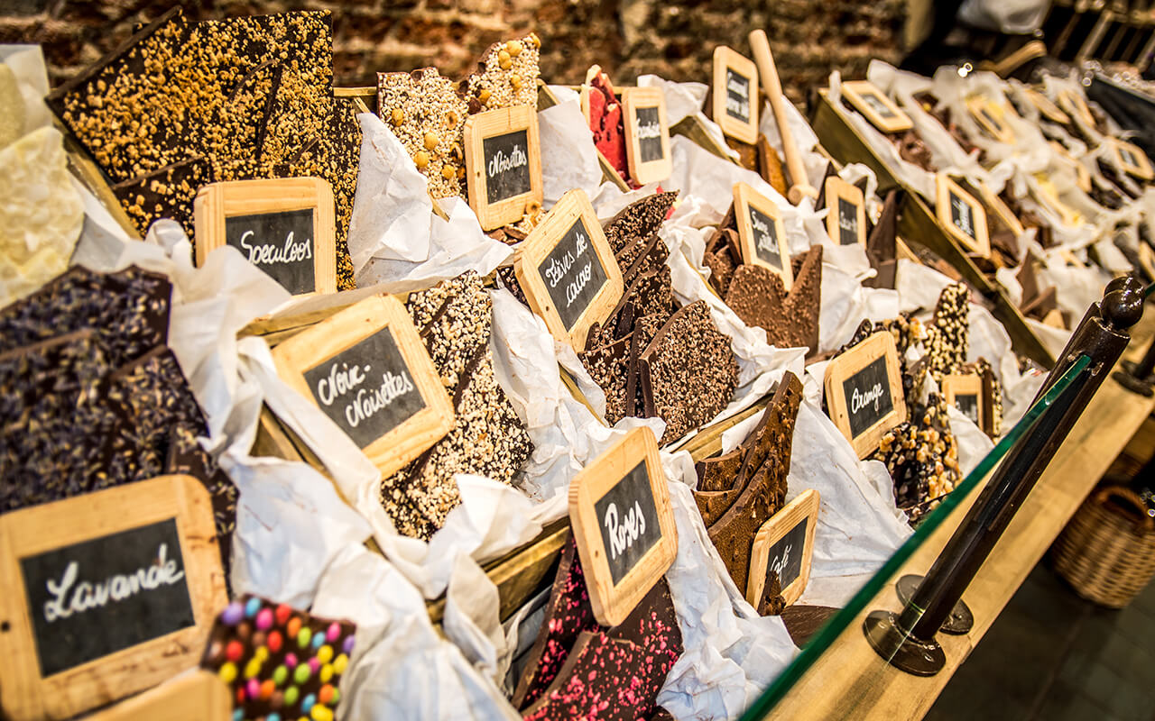 Front window of chocolate store in Brussels, Belgium