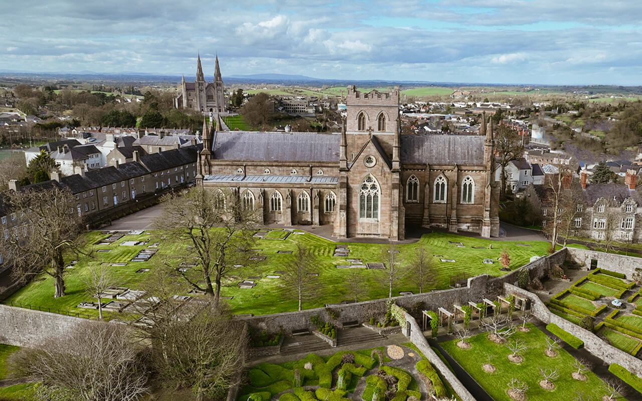 Aerial view of Armagh Cathedral, a major landmark in Northern Ireland.