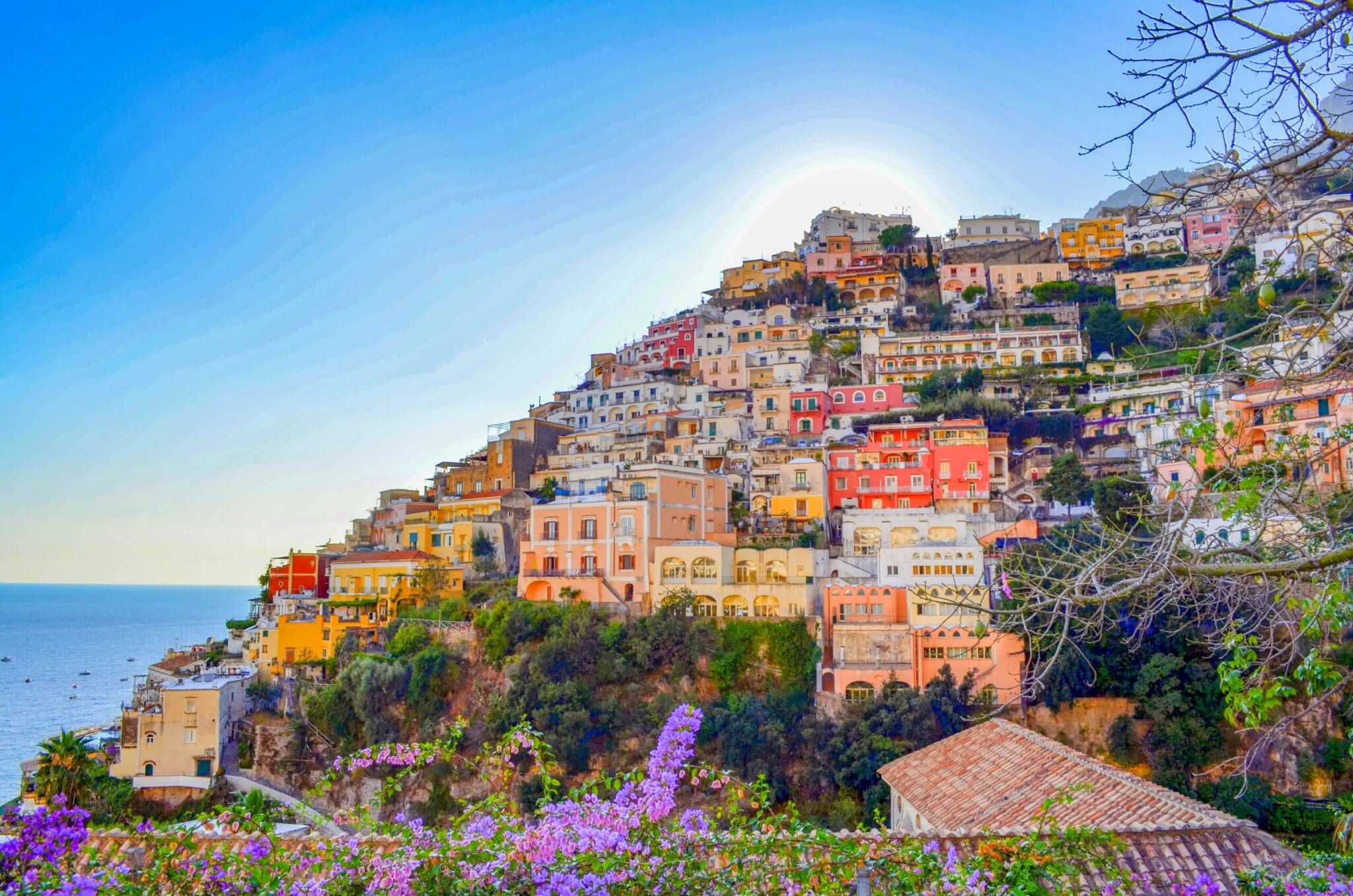 Colorful cliffside village on Italy’s Amalfi Coast overlooking the Mediterranean Sea