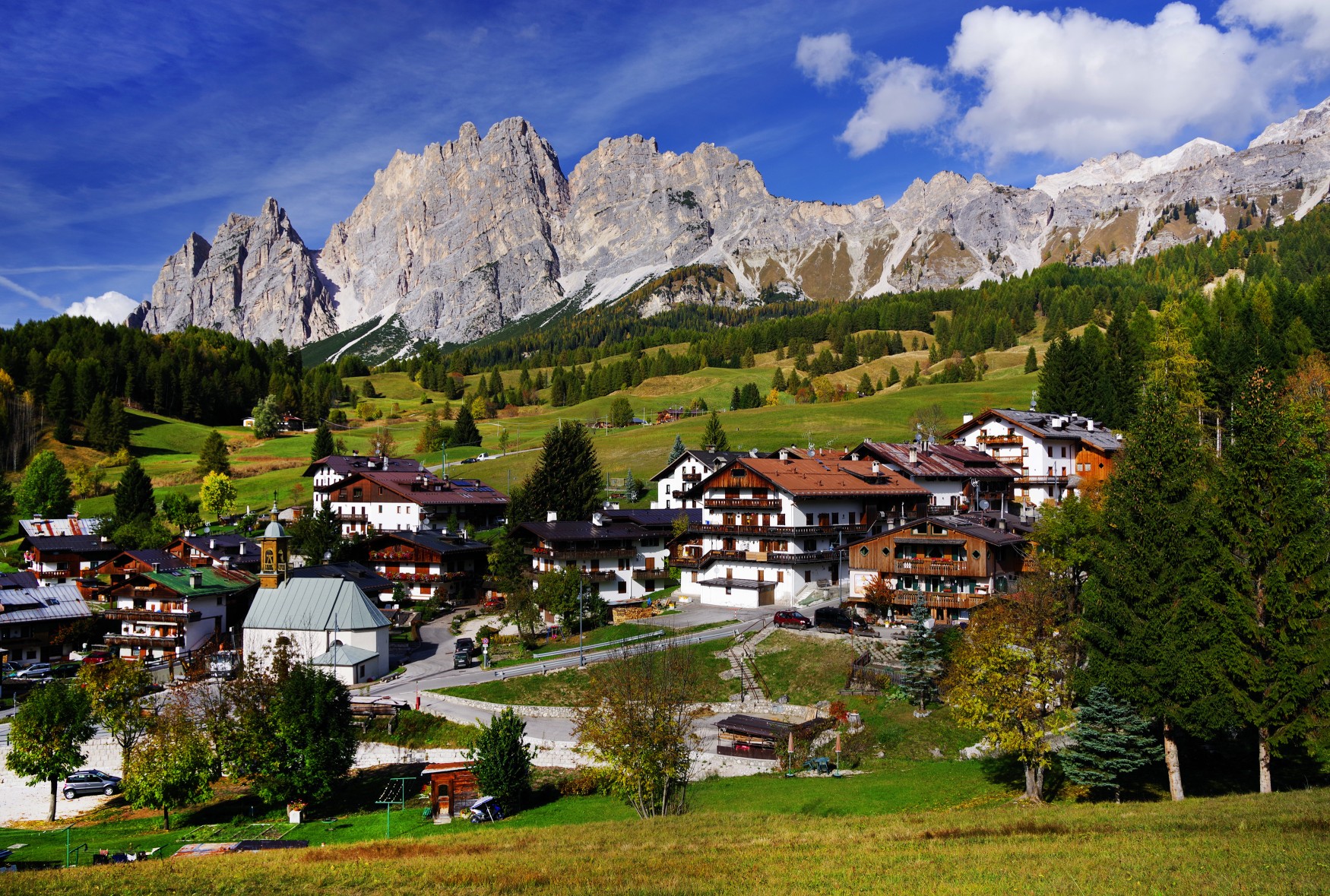 Panoramic view of Cortina d'Ampezzo in autumn colours, also known as the Pearl of the Dolomites, Italy, Europe
