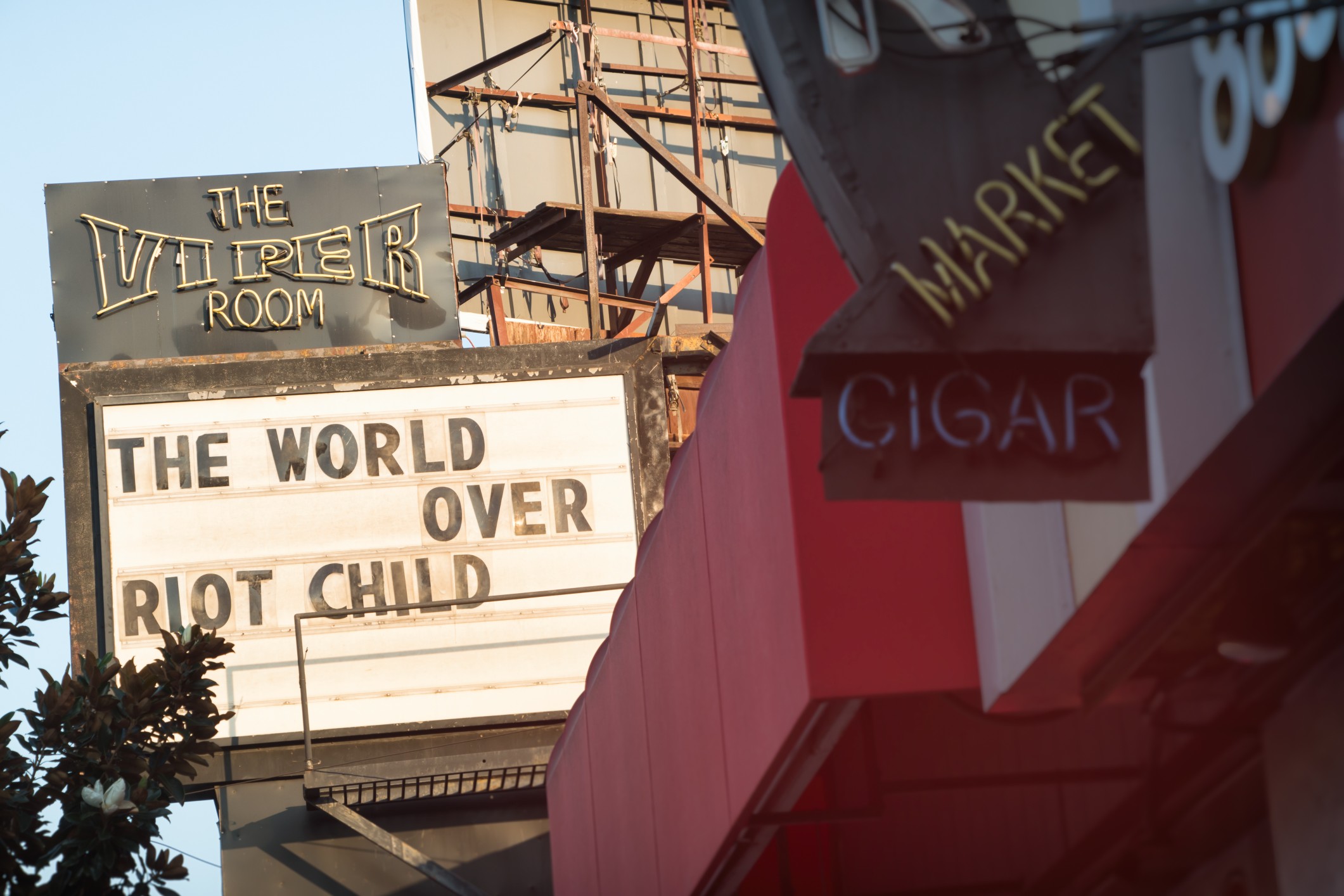 The front marquee sign of the famous Viper Room music venue on the Sunset Strip in Hollywood, California.