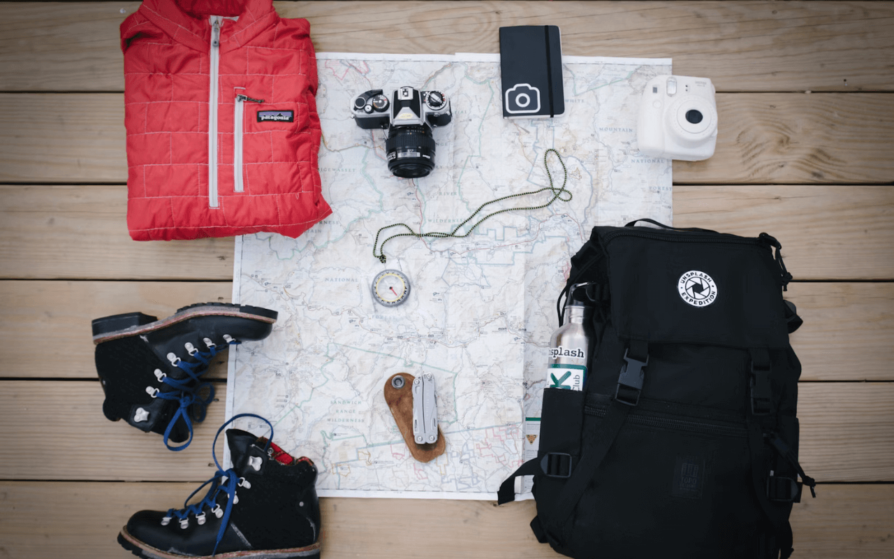Travel items laid out flat