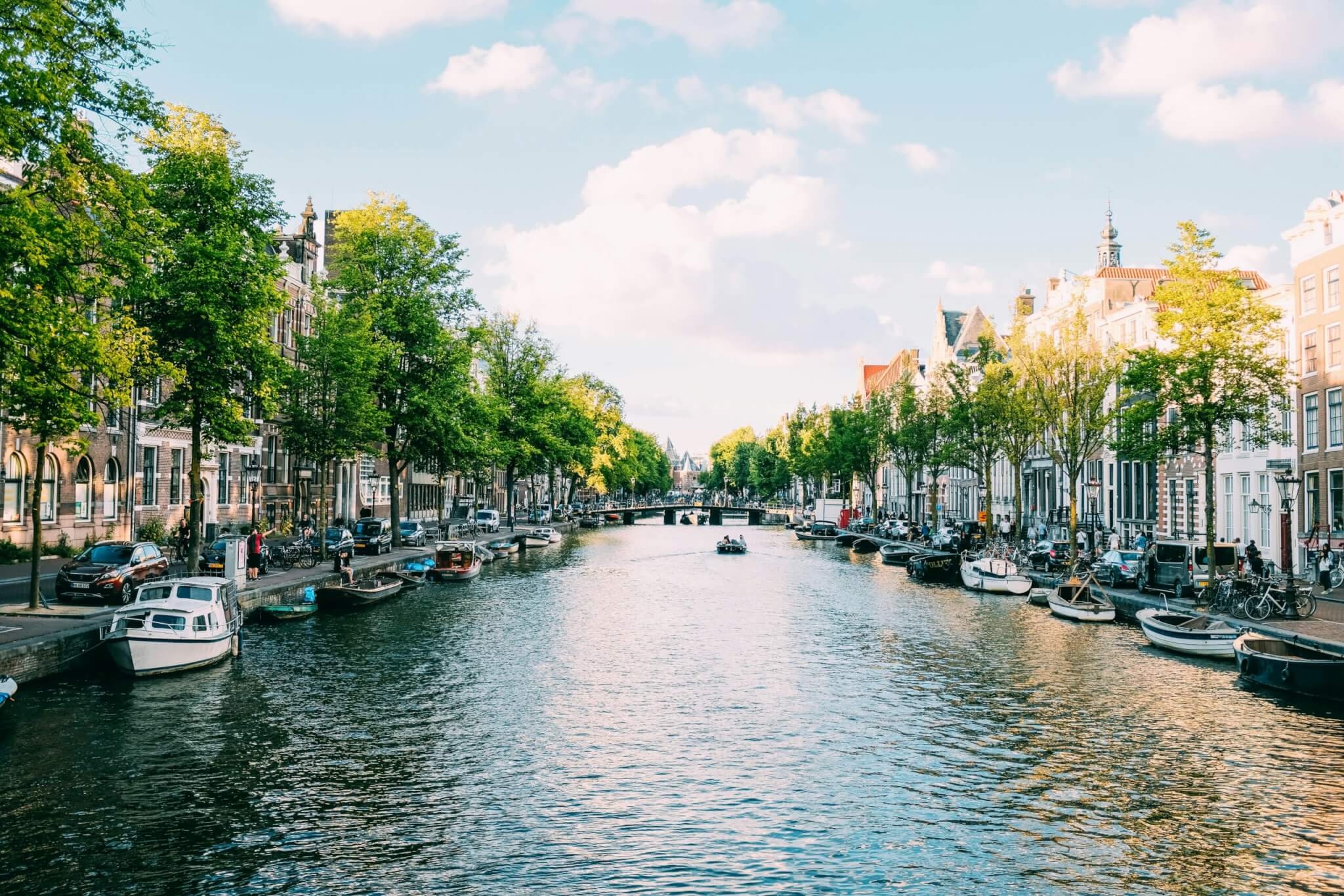 Amsterdam canal lined with trees and historic buildings in an expat-friendly city
