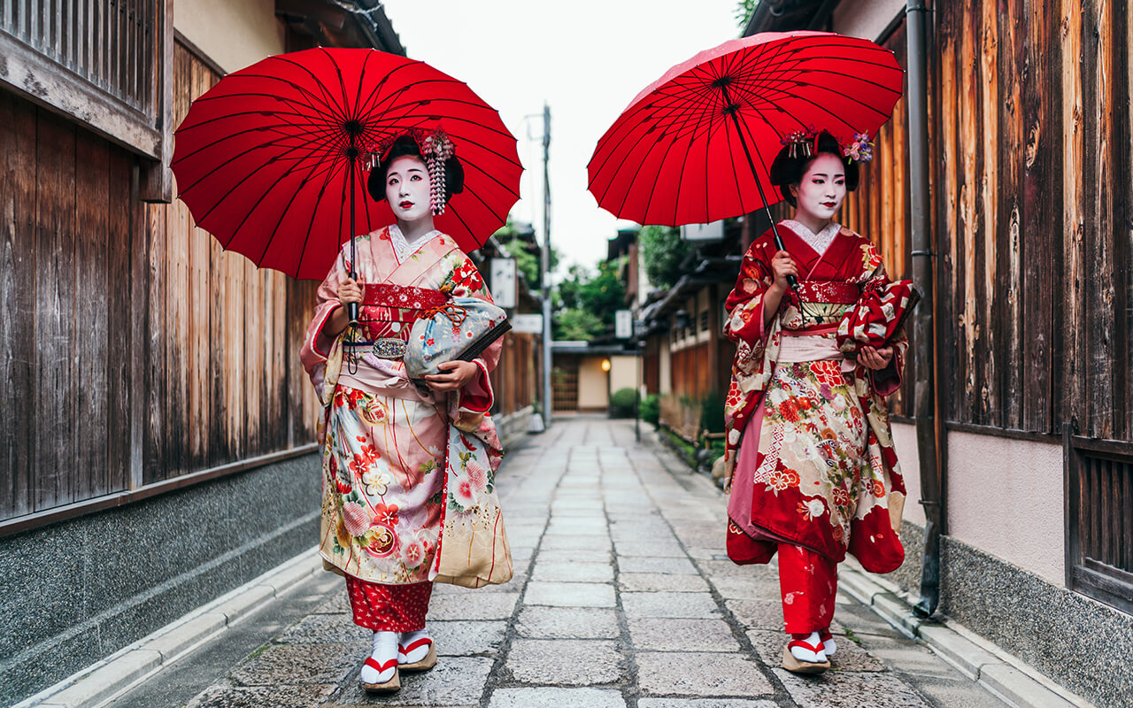 Two geishas walking in Japan