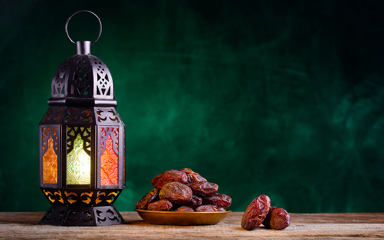 Ramadan Lantern on a wooden table. 