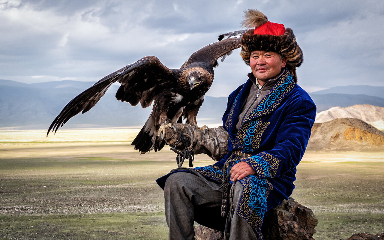 Mongolian Eagle Hunter with His Eagle, Bayan-Olgii, West Mongolia