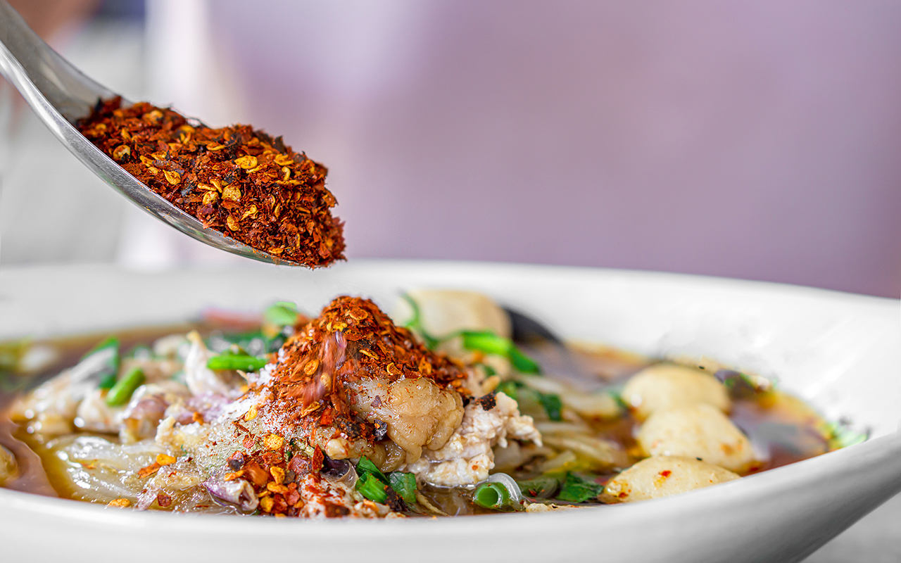 Chili pepper flakes on food