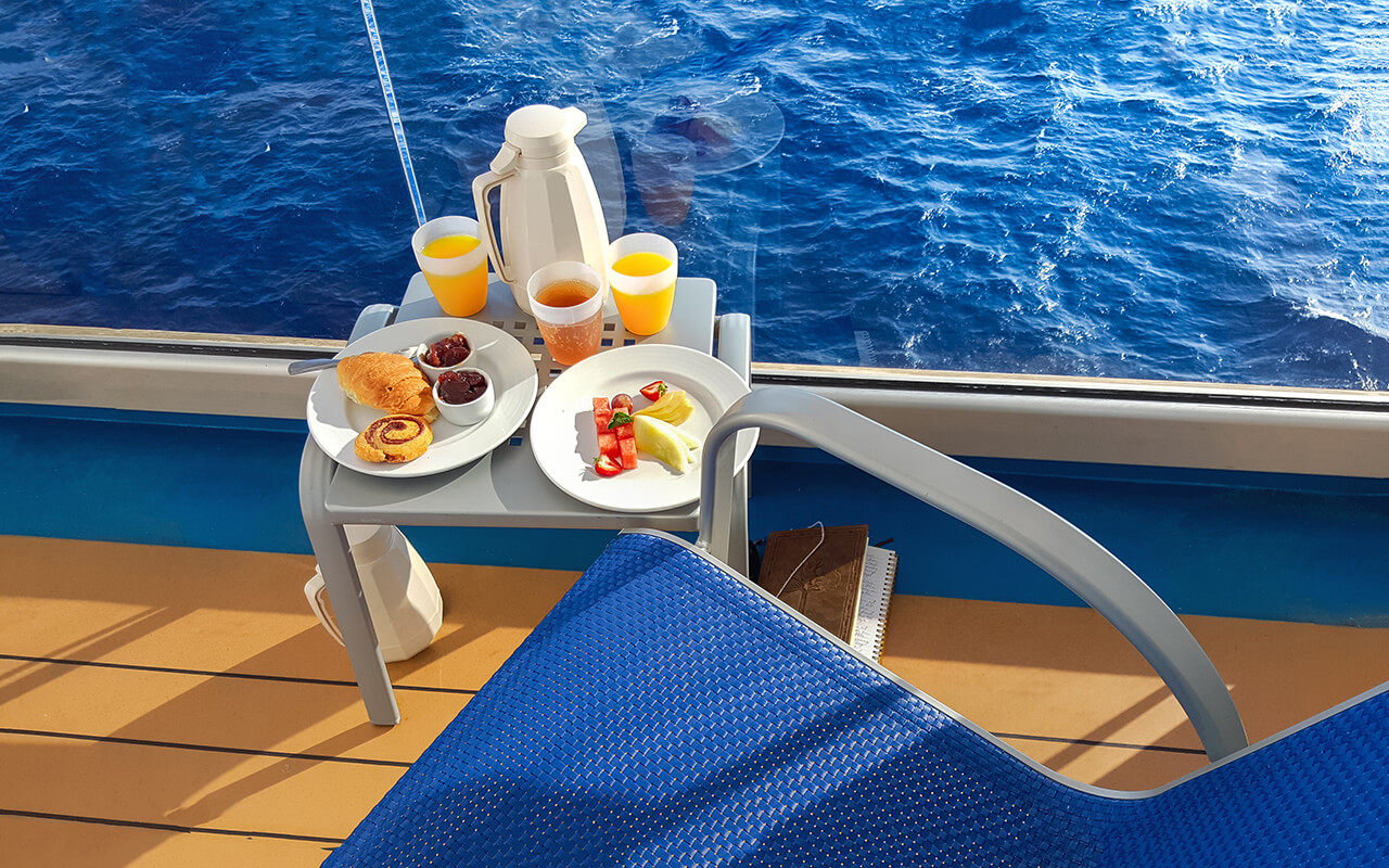 Continental breakfast on a table on a cruise ship