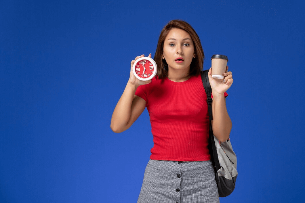 Woman with clock and coffee
