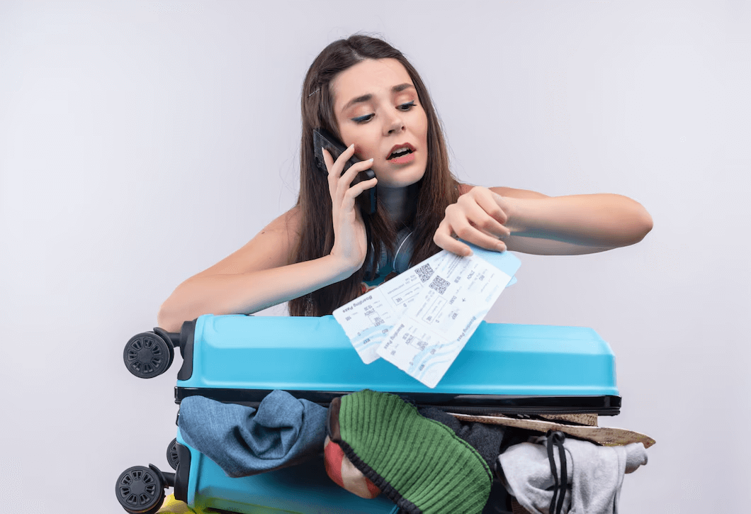 Woman running late for flight