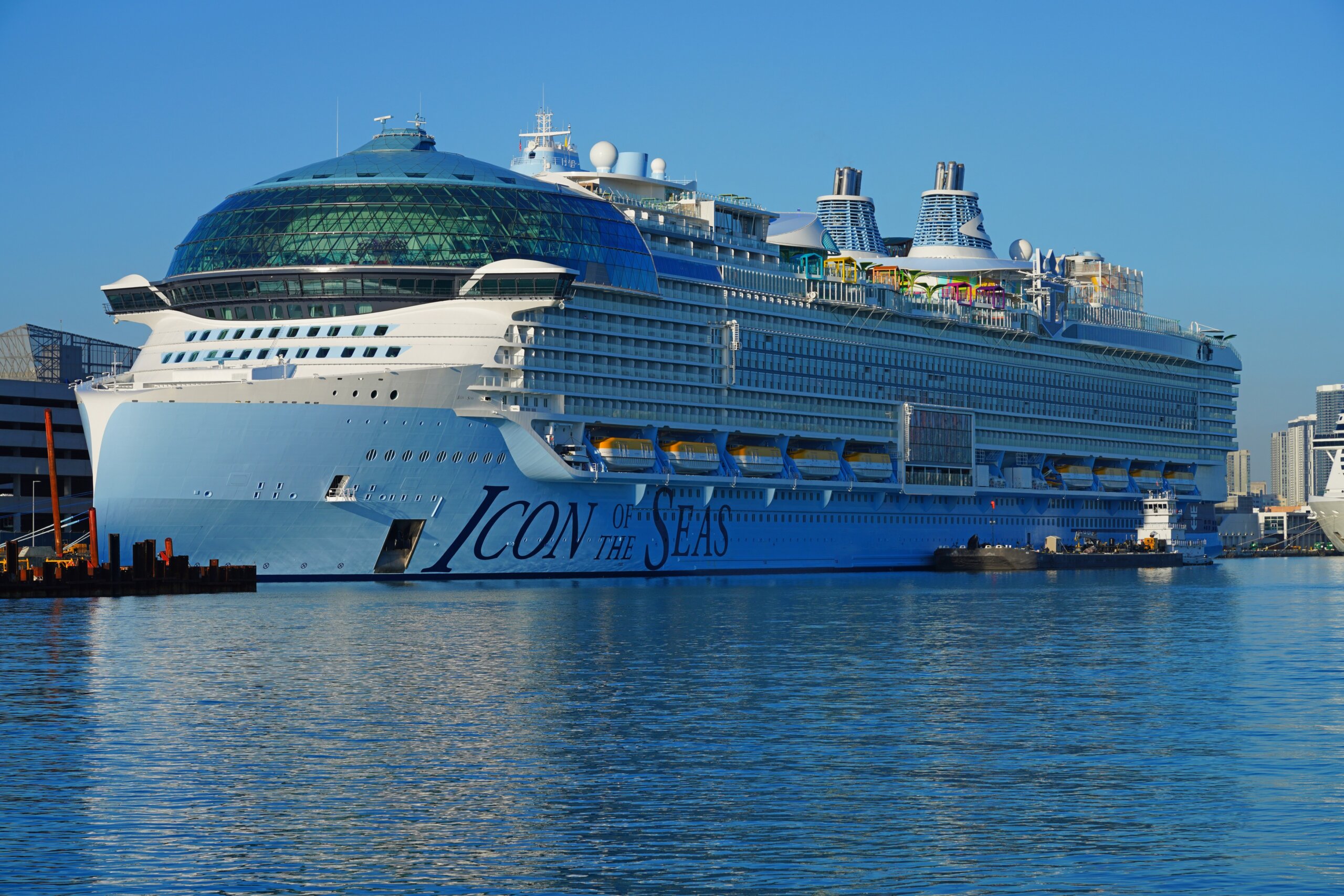 View of the Icon of the Seas by Royal Caribbean International, the largest cruise ship in the world, at Port Miami in Florida, United States, on the Atlantic Ocean.