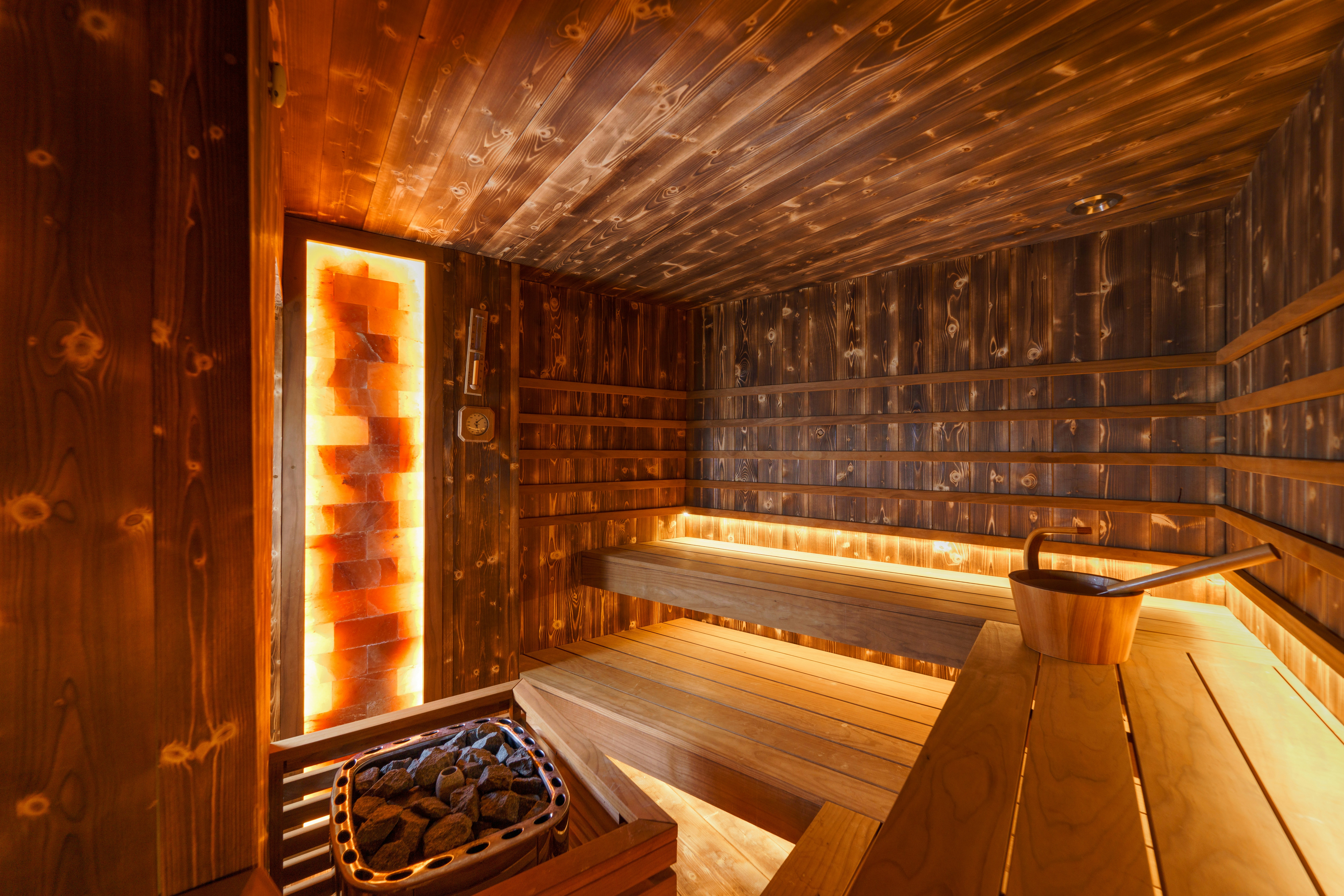 sauna with wooden benches