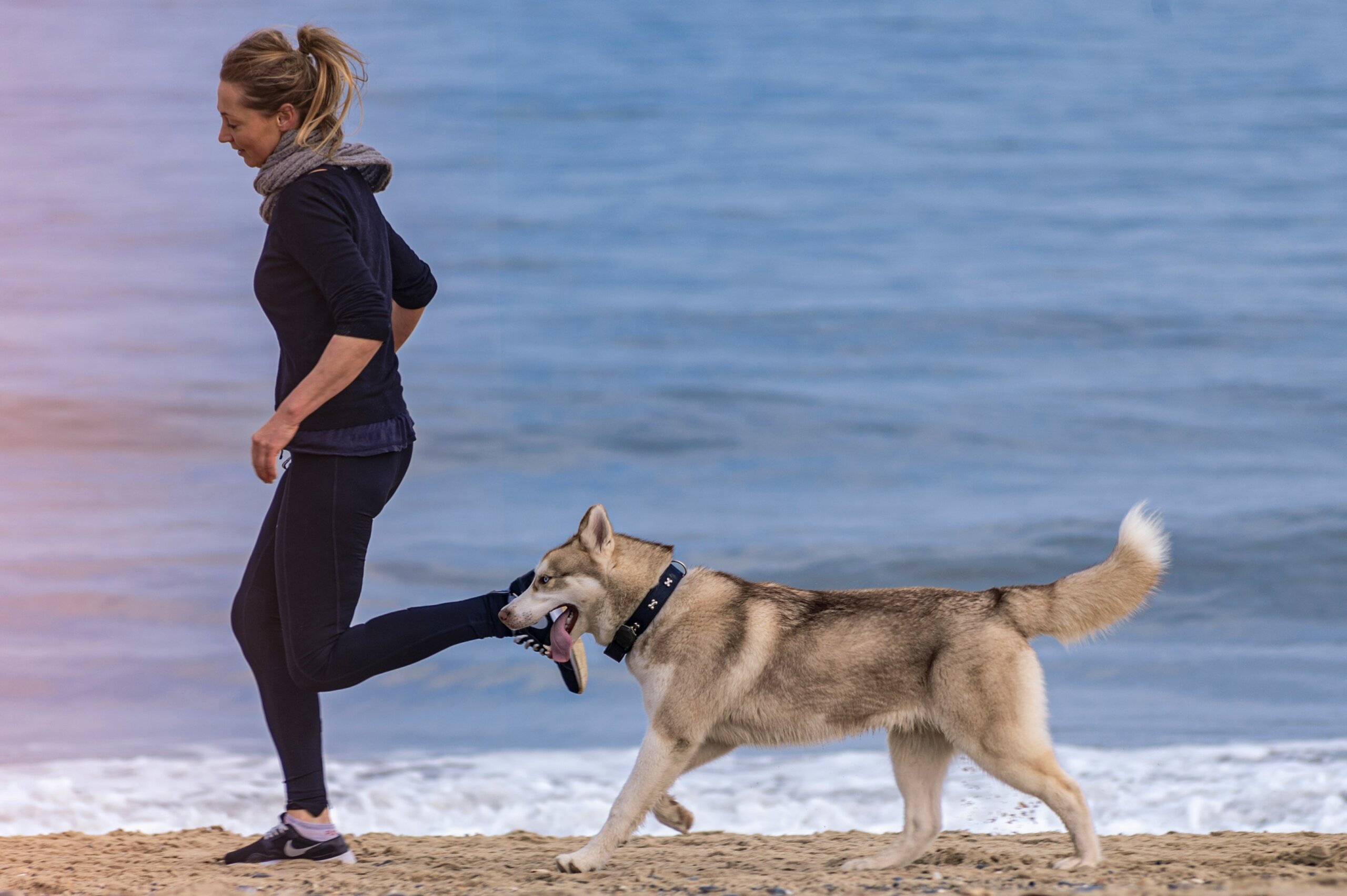 Woman and dog running on the beach