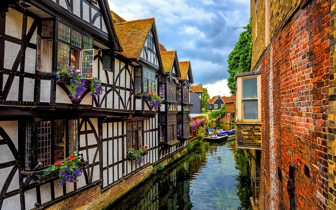 Medieval houses and river Stour in Canterbury Old Town, Kent, England
