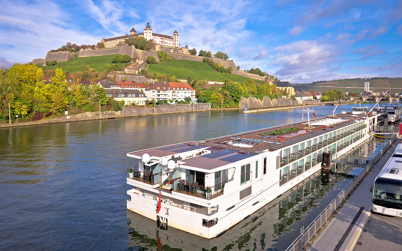 Main river cruise ship in town of Wurzburg view