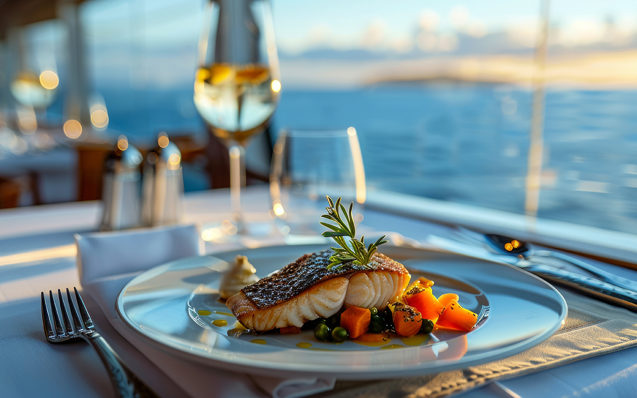 Gourmet meal served with wine on a cruise ship
