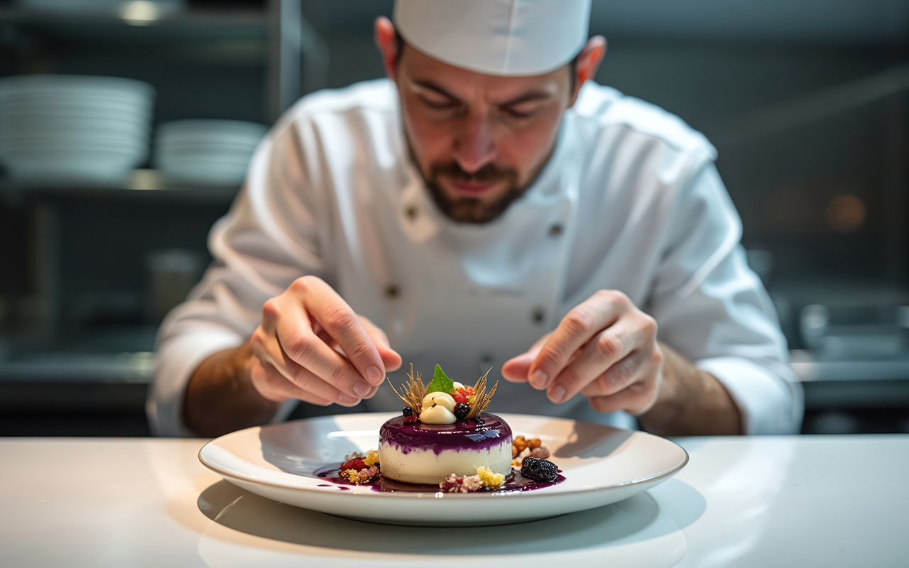 Professional chef prepares gourmet dessert in Michelin star restaurant.