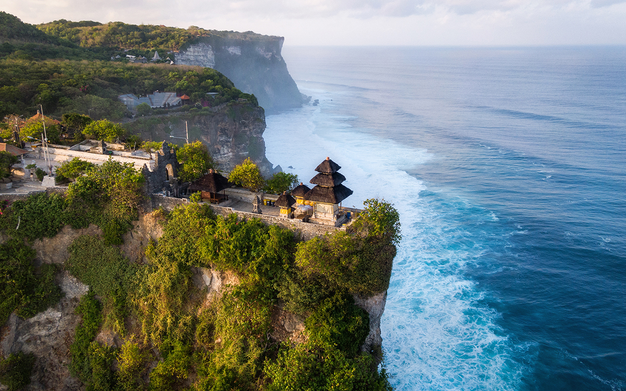 Bali, Indonesia, Aerial View of Uluwatu Temple at Sunrise
