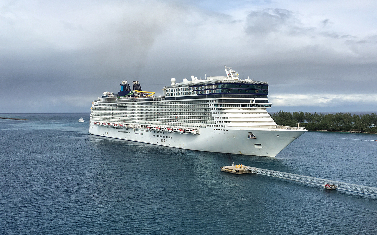 Modern cruiseship or cruise ship liner Epic in port of Nassau, Bahamas during Caribbean cruising