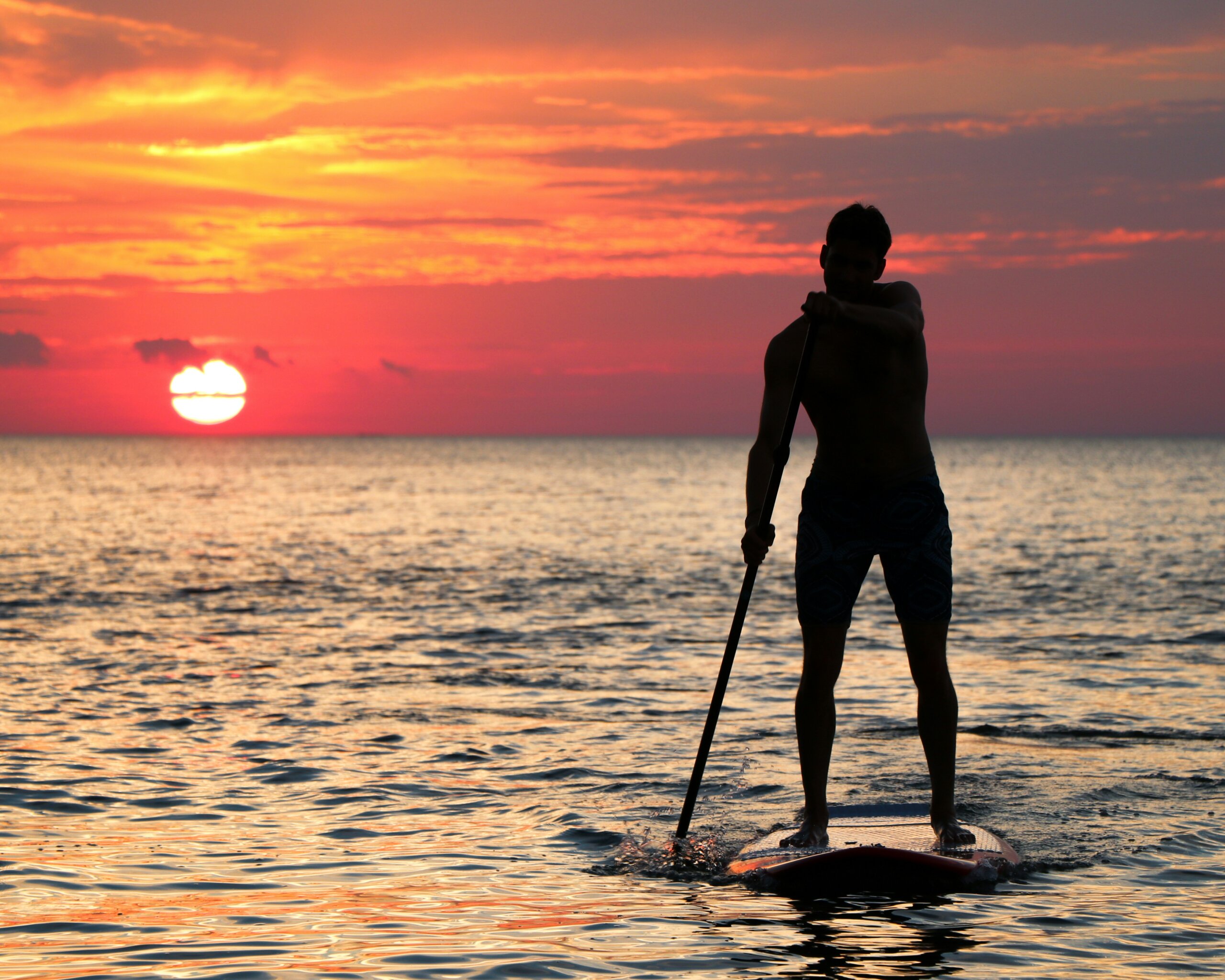 paddleboarding at sunset