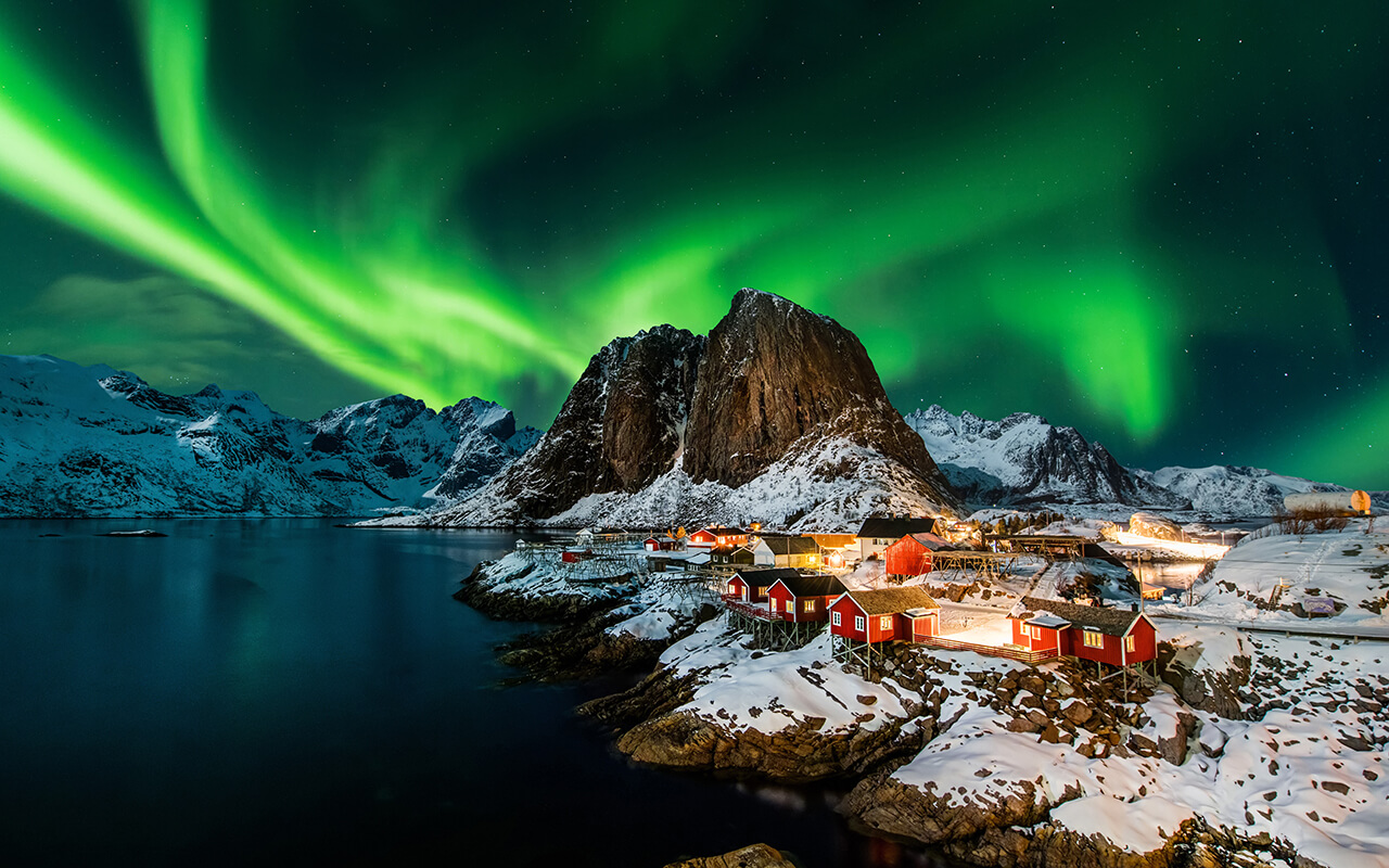 Aurora borealis over Hamnoy in Norway