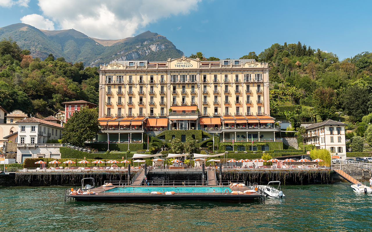 View of the Luxury Grand Hotel Tremezzo with swimming pool on the shore of lake Como.