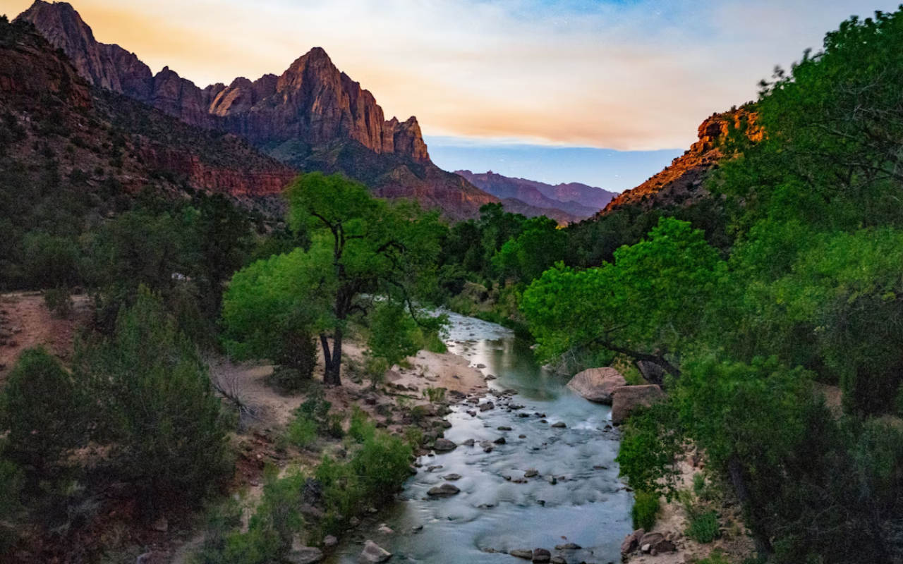 Lush green trees line the creek bed, complemented perfectly by the vibrant red and orange hues from large, jutting mountains of Zion National Park.