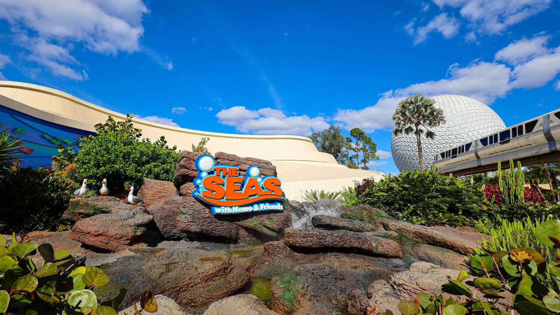 Disney’s The Seas with Nemo & Friends attraction, featuring playful ocean-themed lettering.