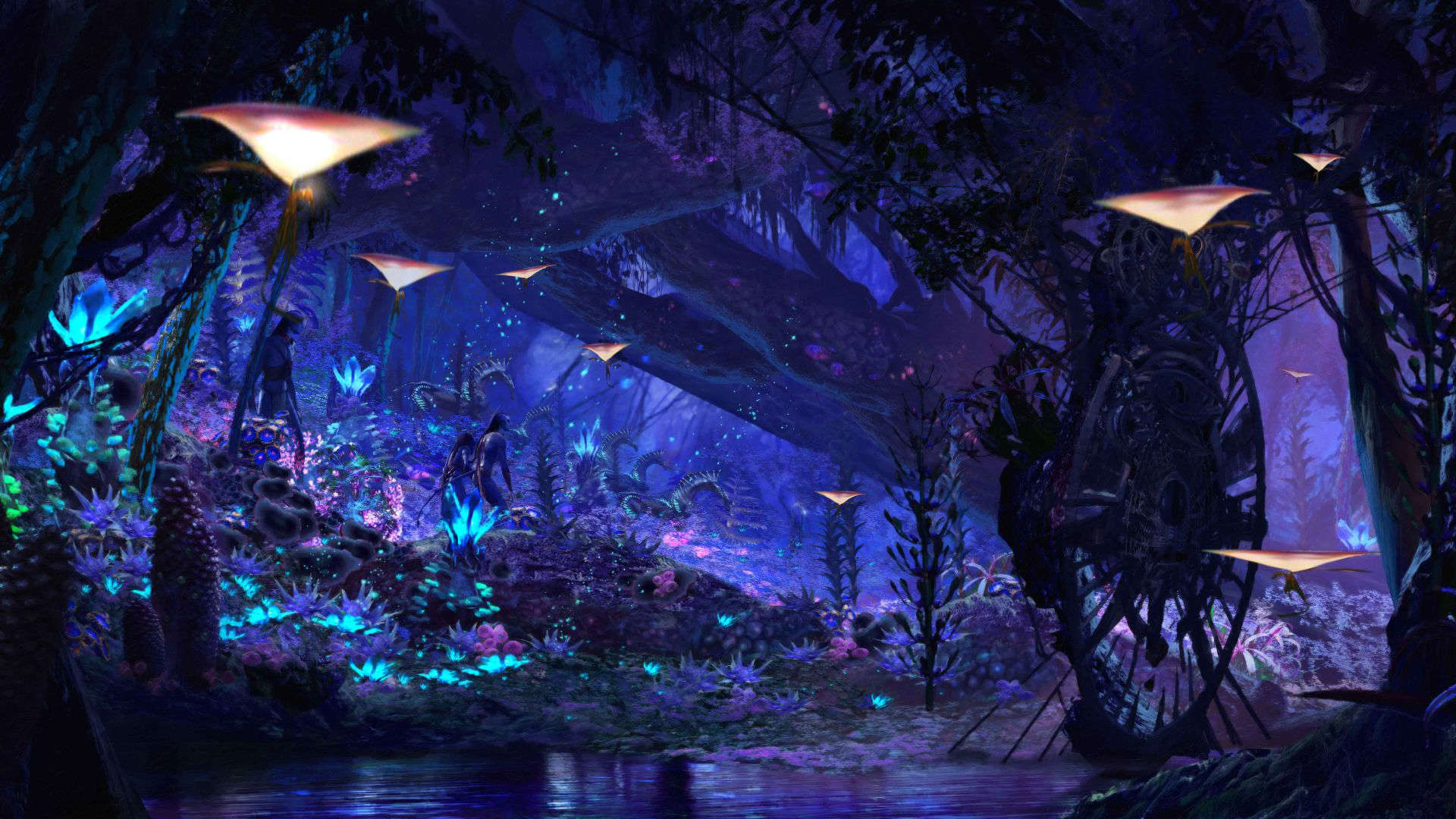 Mystical bioluminescent forest scene inside Disney’s Na’vi River Journey, with glowing plants, flowing water, and ethereal lighting in shades of blue, purple, and green. The tranquil boat ride immerses guests in the magical world of Pandora, surrounded by animated wildlife and ambient sounds.