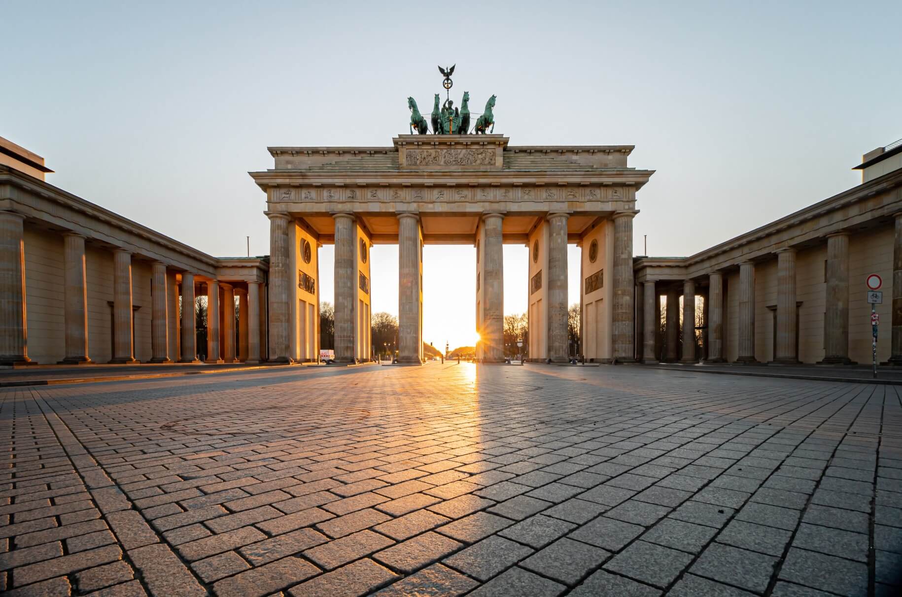 Brandenburg gate in spring without tourists during corona lockdown