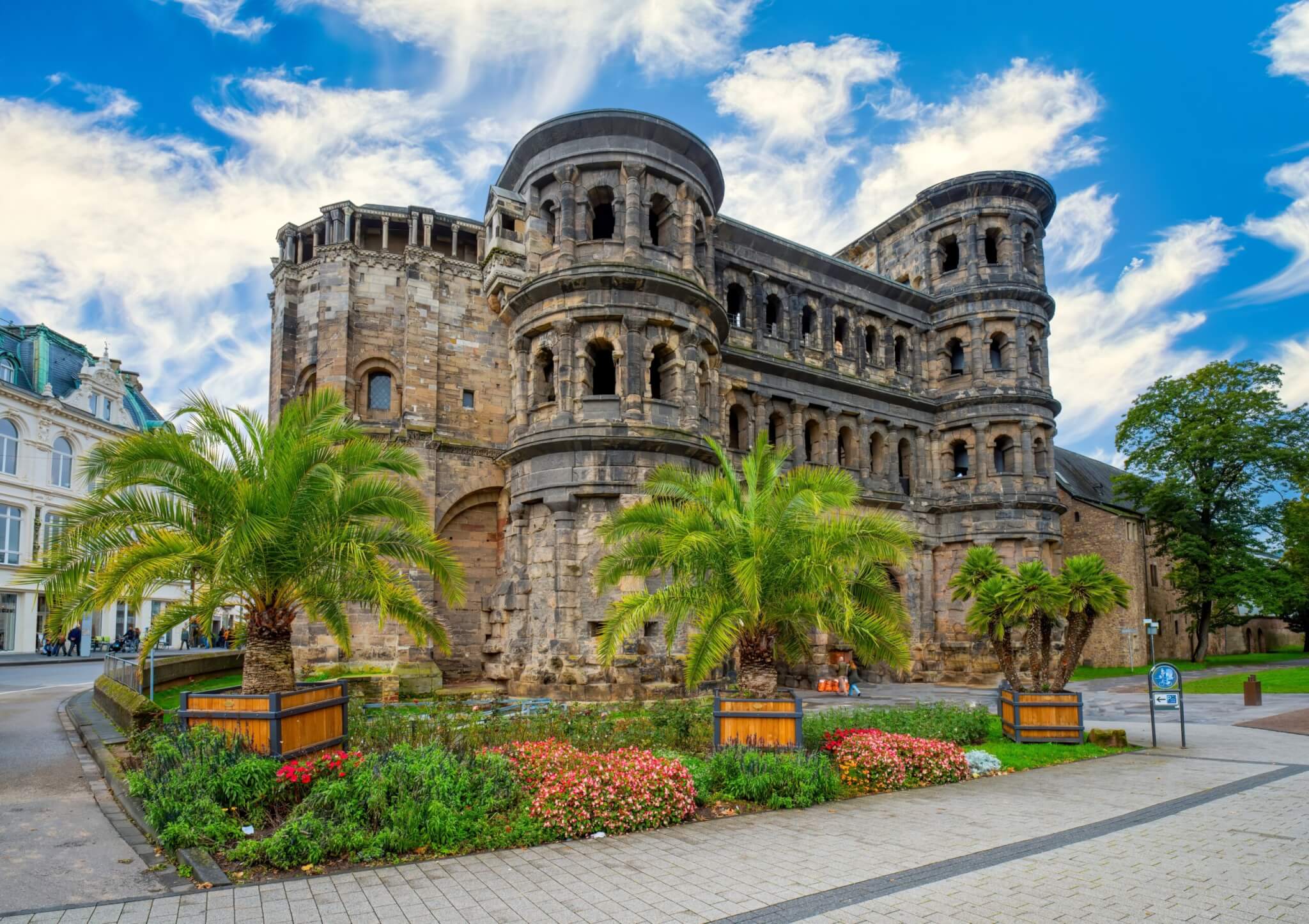 Amazing view of famous Porta Nigra (Black gate) - ancient Roman city gate in Trier, Germany.