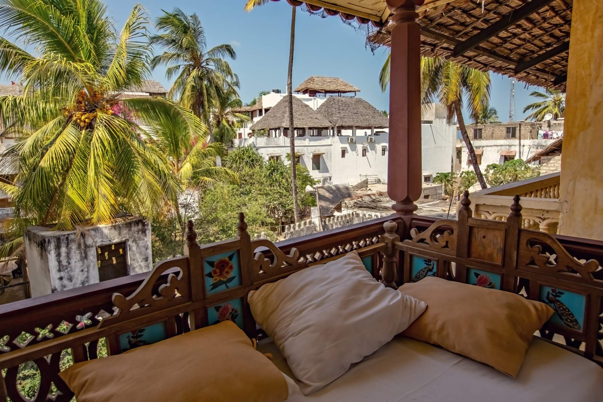 Luxury hotel, villa, guesthouse interior with sofa on the terrace in Lamu, Kenya