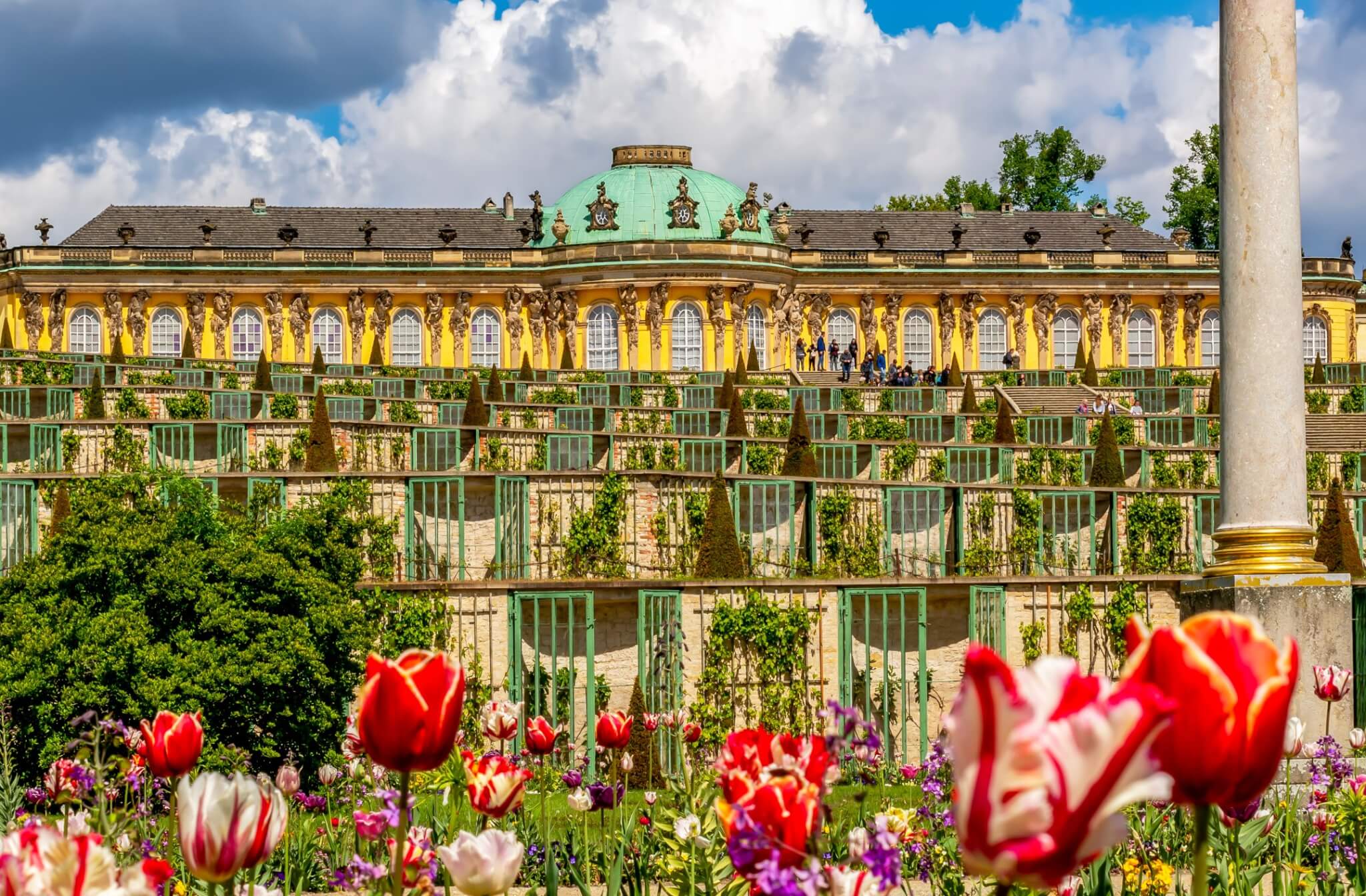Sanssouci palace and park with spring flowers, Potsdam, Germany