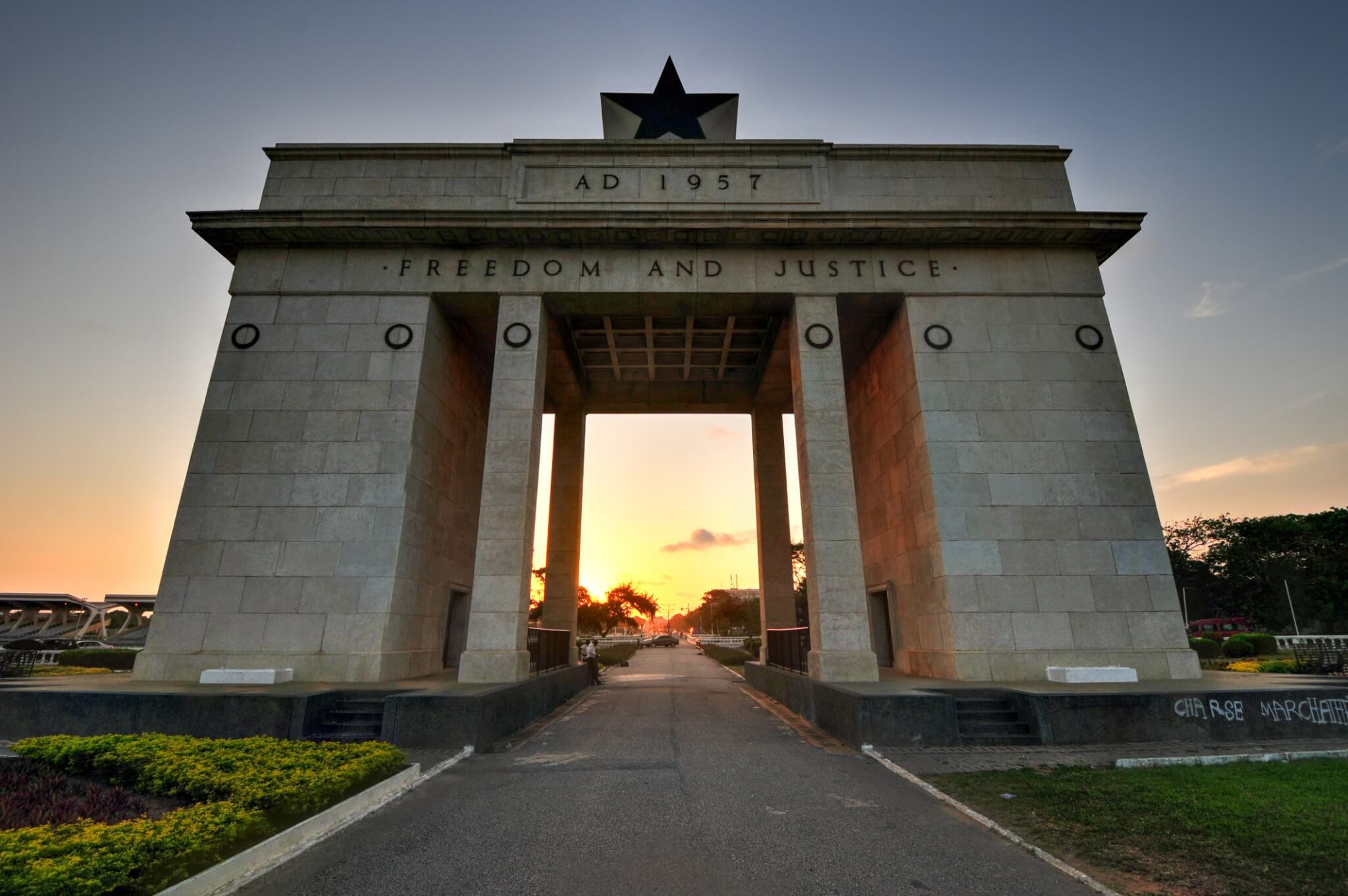 Independence Arch at Black Star Square in Accra, Ghana, with the iconic black star and inscription “Freedom and Justice”