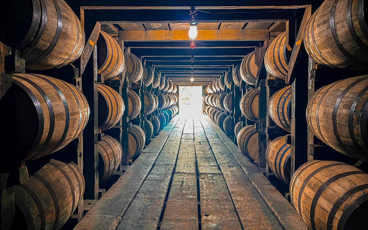 Bourbon barrels aging in rickhouse