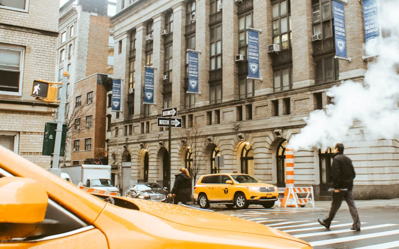 Taxi cabs on a busy city street