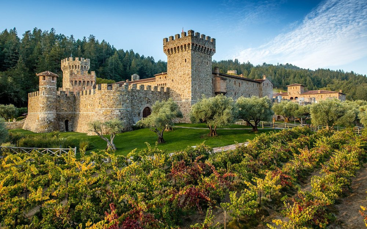 Exterior view of the castle-like winery Castello di Amorosa, USA