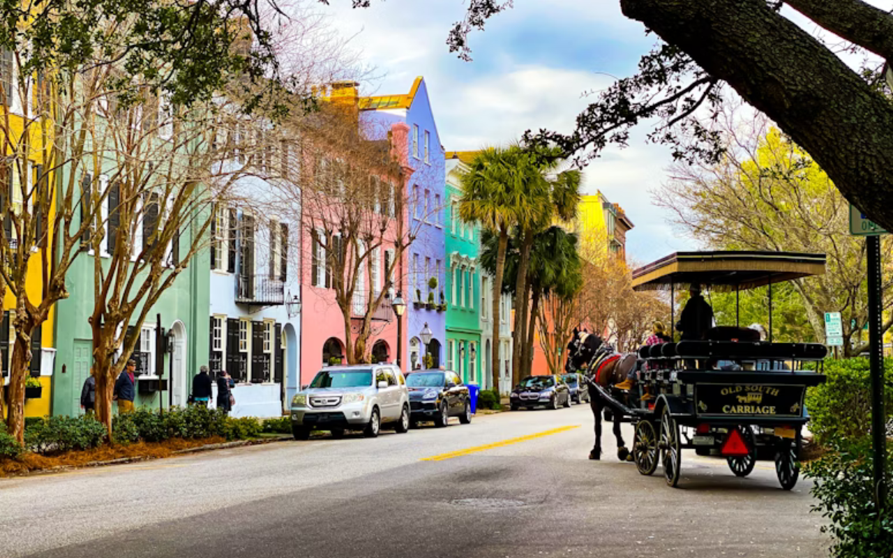 Vibrant historic buildings and palm-lined streets in Charleston, South Carolina, capturing the charm and depth of its Black heritage.”