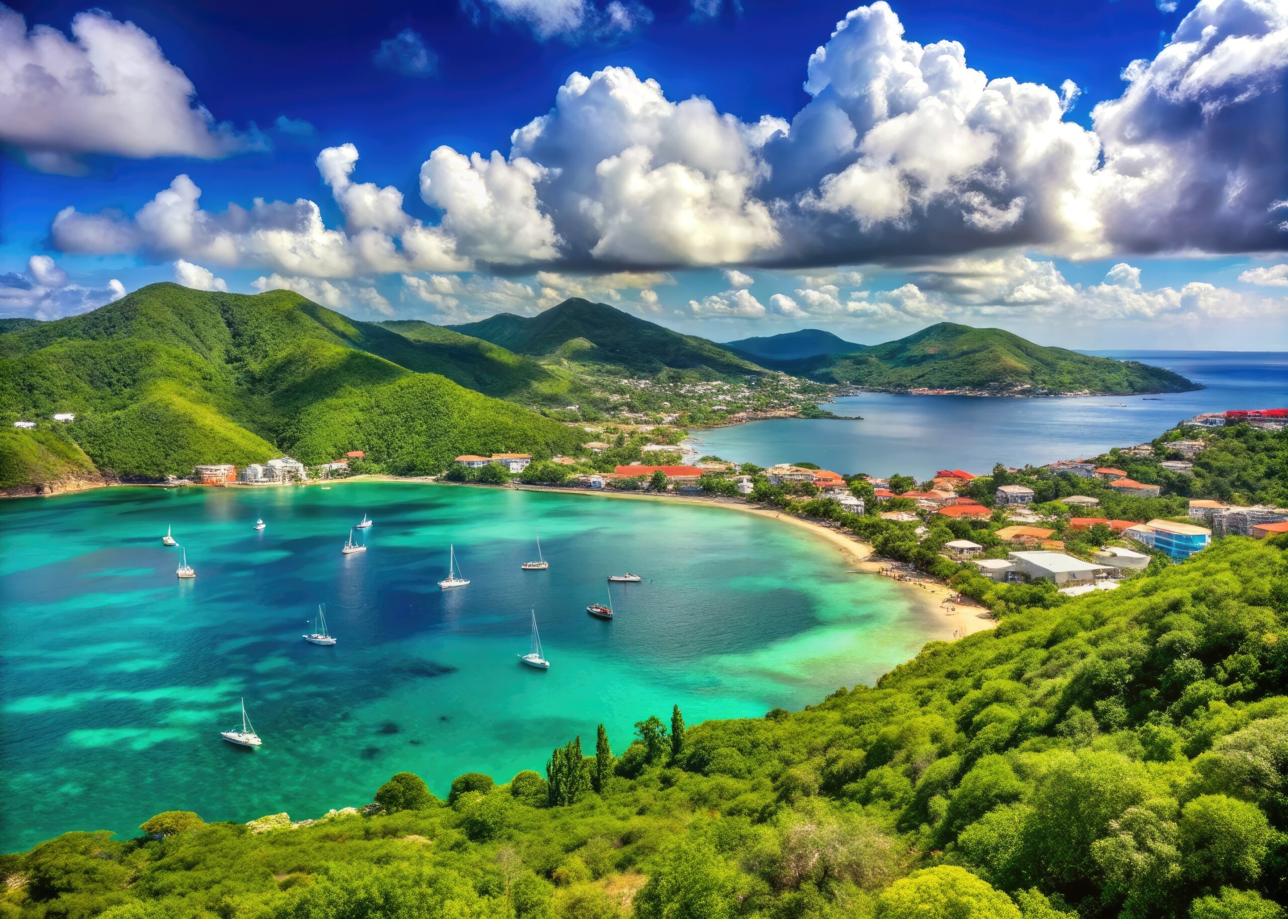 Scenic View of St. Thomas VI with Crystal Clear Waters and Lush Green Mountains in the Background