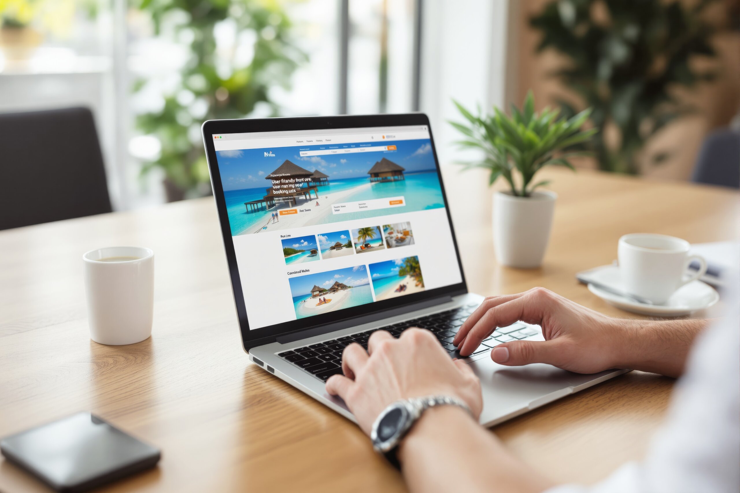 A person browsing a laptop displaying a travel booking website with tropical vacation images, surrounded by a wooden desk, coffee cup, and plants.