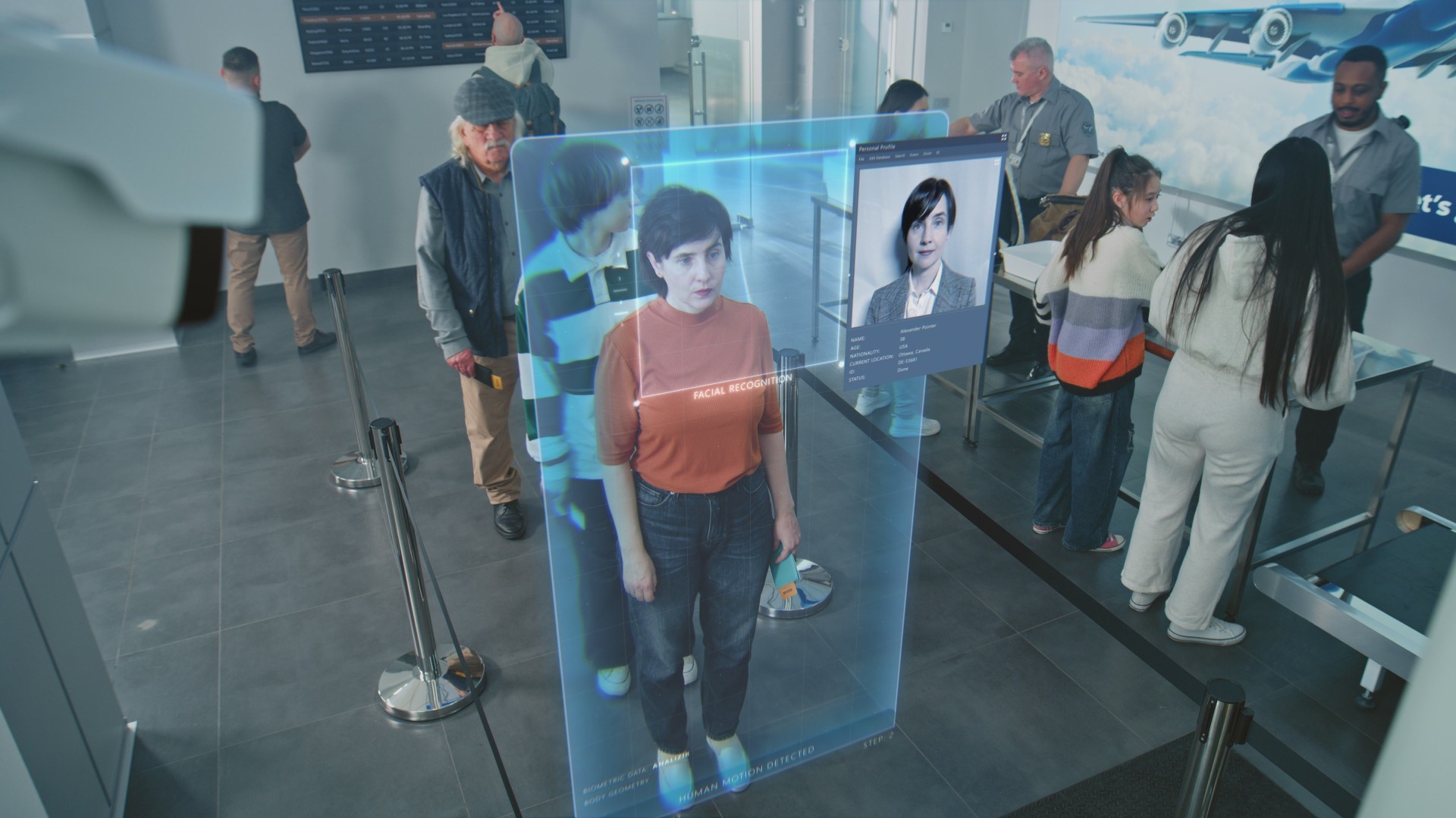 Airport Checkpoint: Queue of Diverse People Passing Biometric AI Face Scanning at Border Control. Security Camera with Advanced Facial Recognition Technology. Passengers Screening for Boarding Flight.