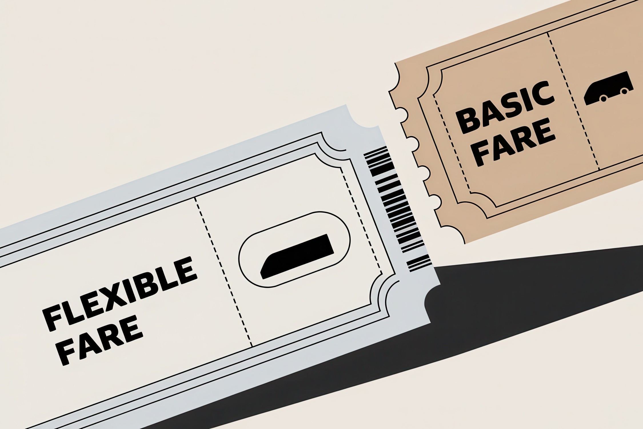 Flight ticket policy concept. Tickets labeled "Flexible Fare" and "Basic Fare" highlighted on a plain background.