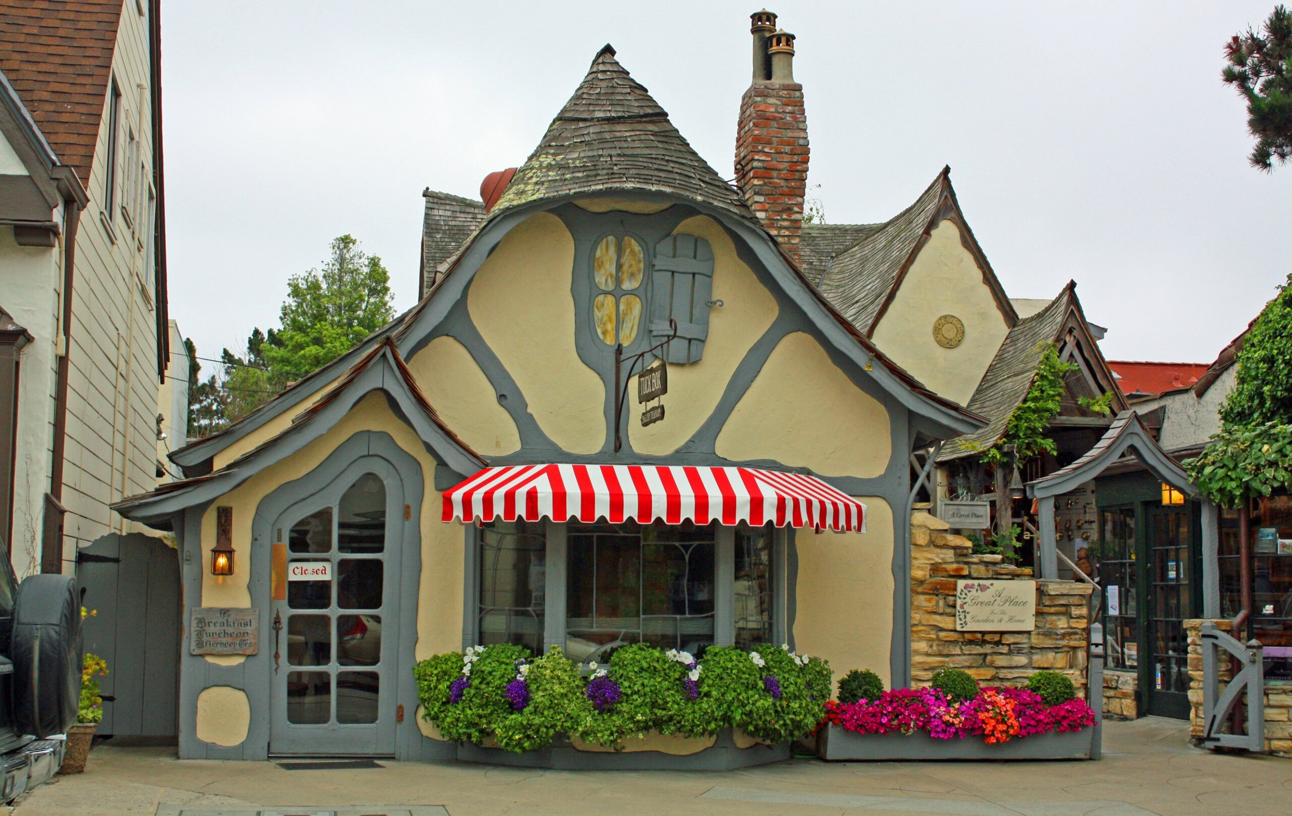 The quaint Tuck Box restaurant in Carmel-by-the-Sea, California, US Designed by self-taught architect and builder Hugh Comstock in the 1927