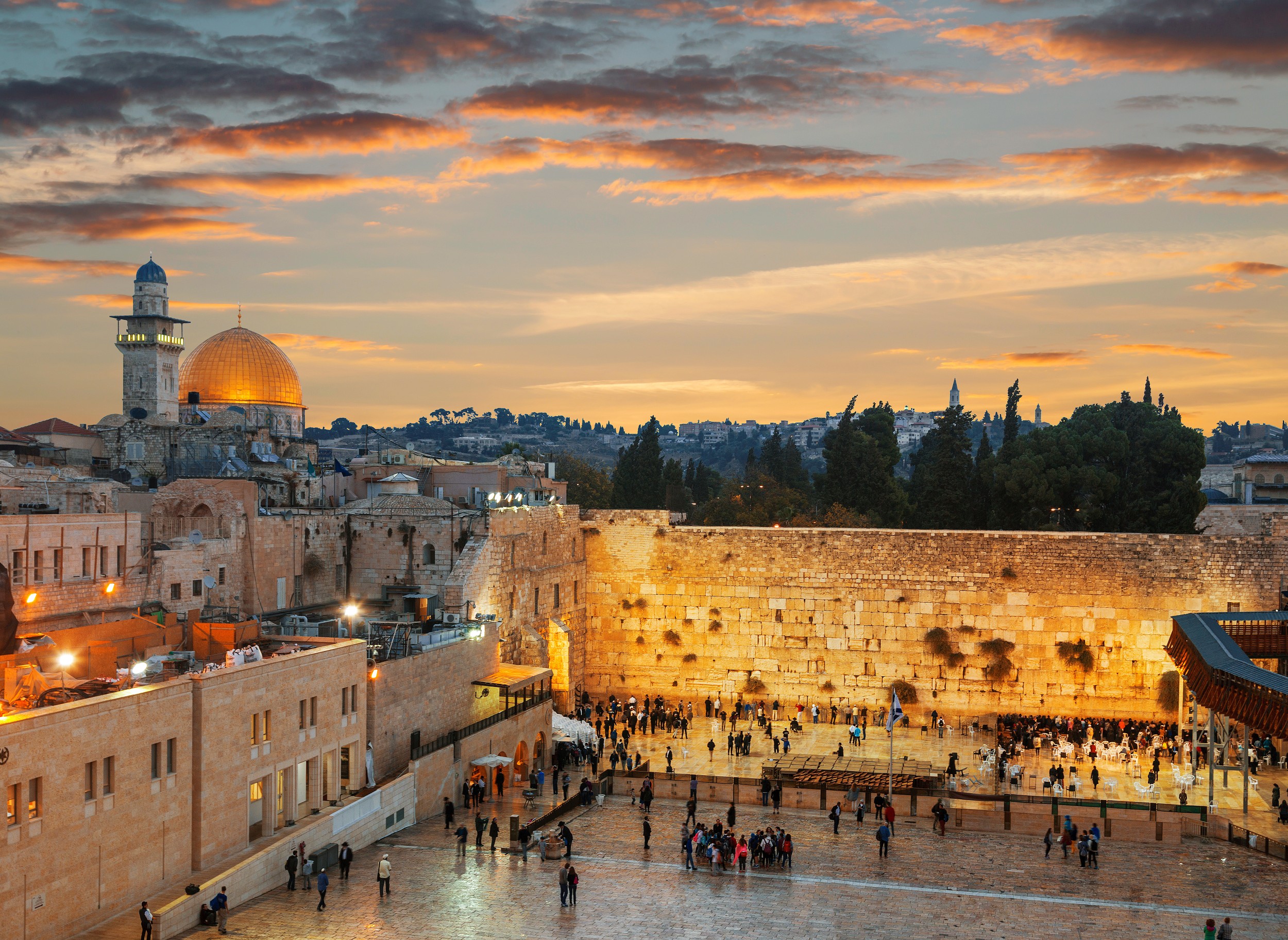 The wailing Wall and the Dome of the Rock in the Old city of Jerusalem at sunset, Israel